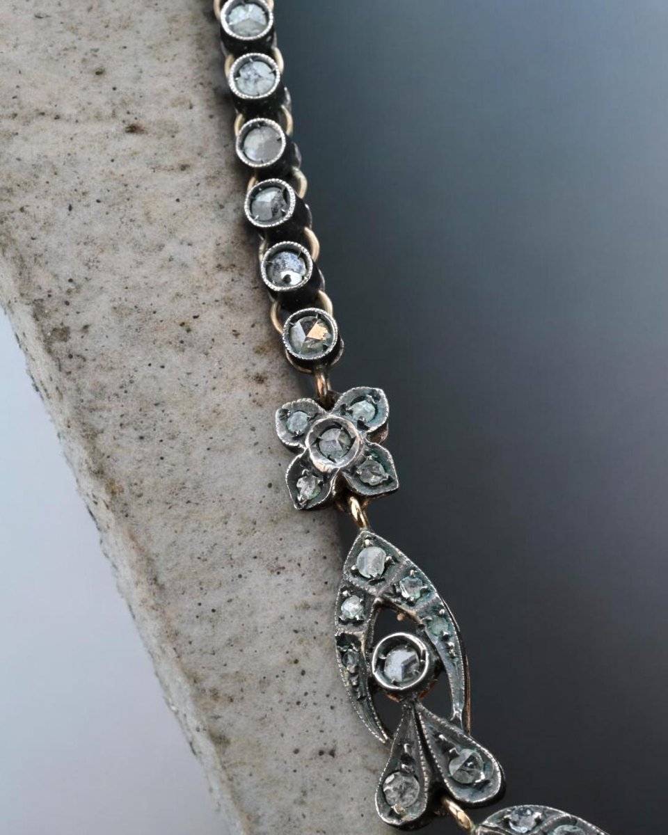 Collana In Argento, Oro, Rose Di Diamanti Con Pendente in Smeraldo - Italia Inizio XX Secolo-photo-1